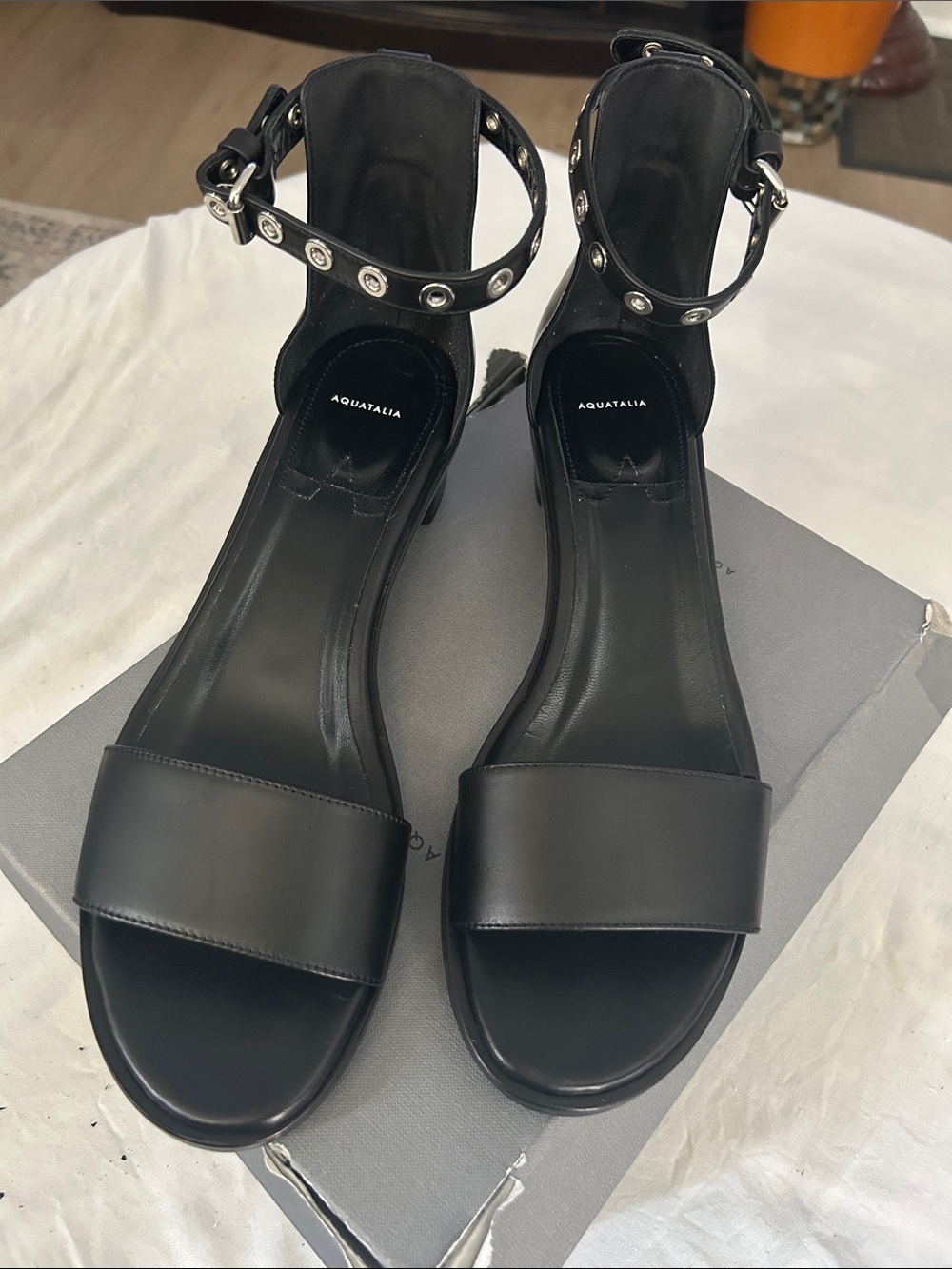 Aquatalia Black Leather Ankle-Strap Sandals with Studded Eyelets